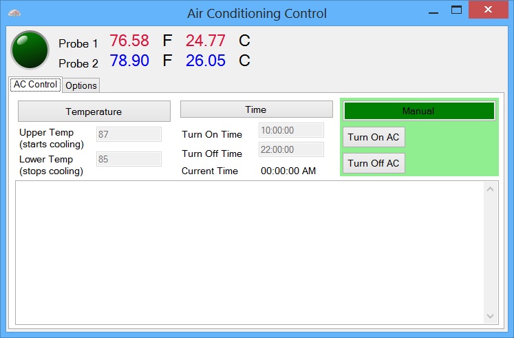 Main screen of ACCycle, showing 3 operational modes: Temperature Control, Timer Control, and Manual Control.