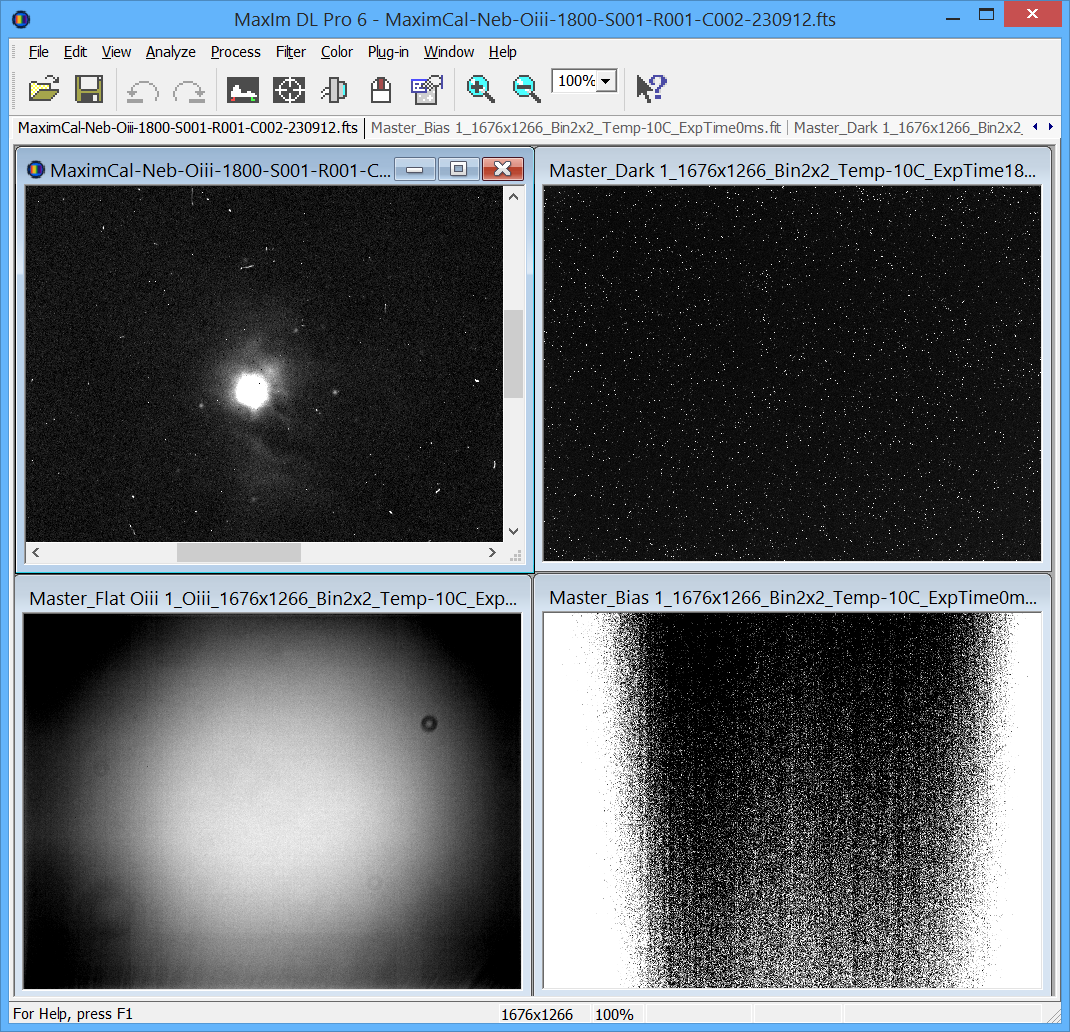Maxim Calibration results showing the nebula (upper left) and the 3 master files. Click for full size.